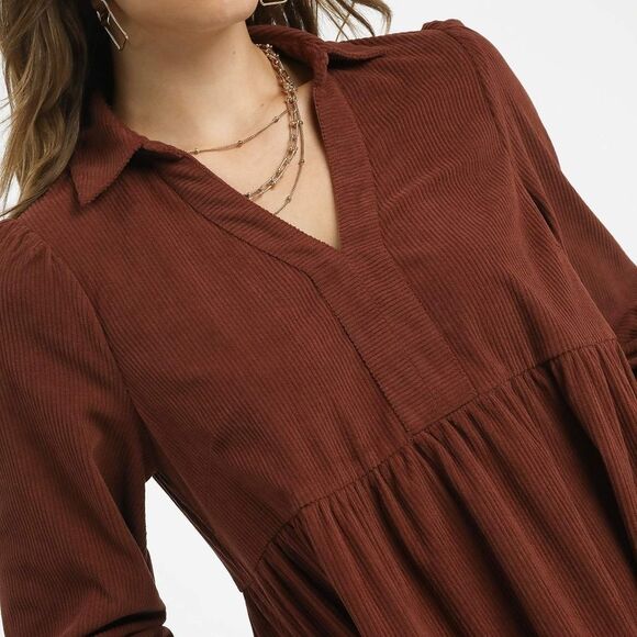 🎁25% Off Bundles🎁  Umgee Tiered Corduroy Mini Dress Balloon Sleeves - Picture 3 of 7